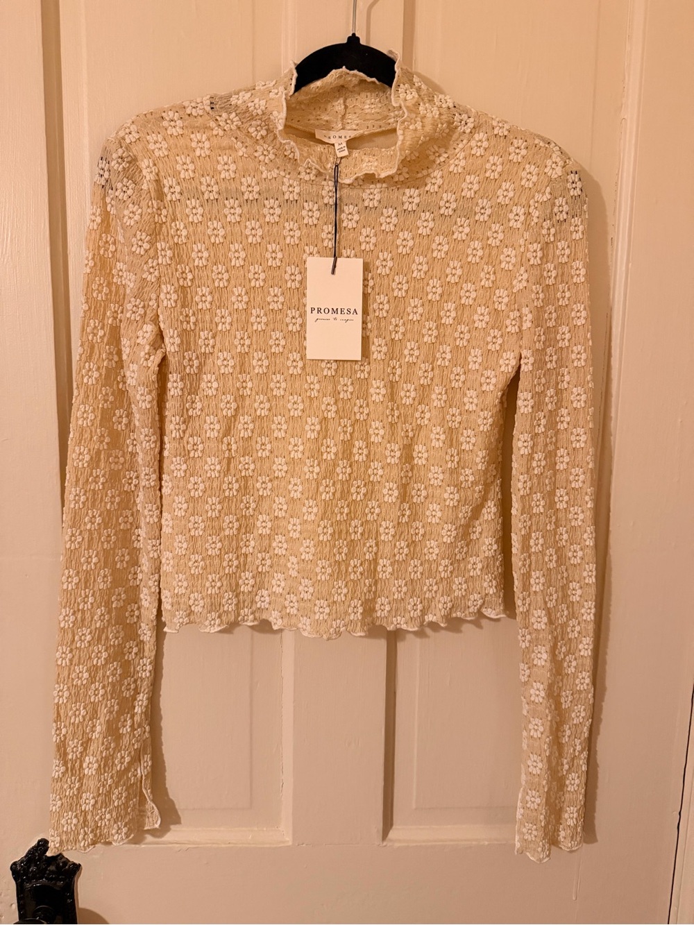 Promesa Cream Floral Lace Mock-Neck Long Sleeve Top